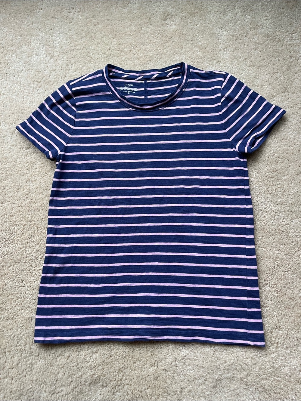 J. Crew Women’s Blue & Pink Striped Girlfriend Tee Shirt - Size S - VGUC
